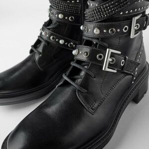 ZARA LEATHER ANKLE BOOTS WITH PEARLS & RHINESTONE BLACK